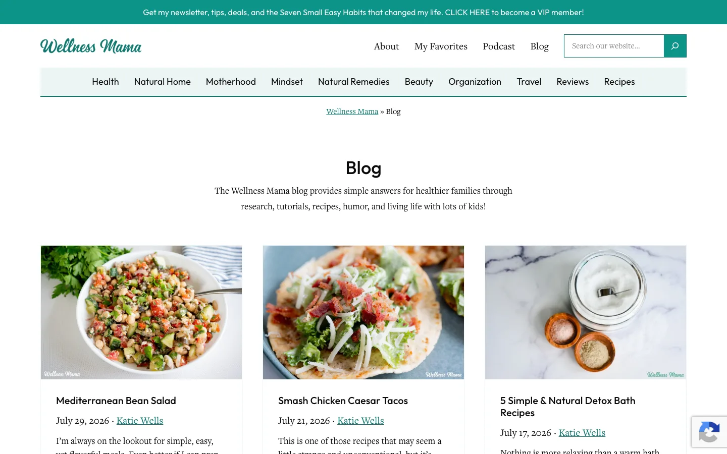 Screenshot of the Wellness Mama homepage