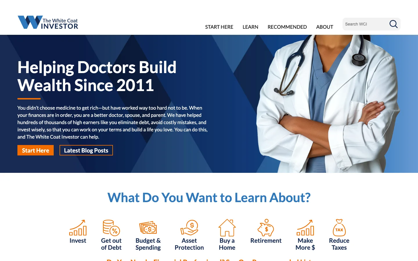 Screenshot of the The White Coat Investor homepage