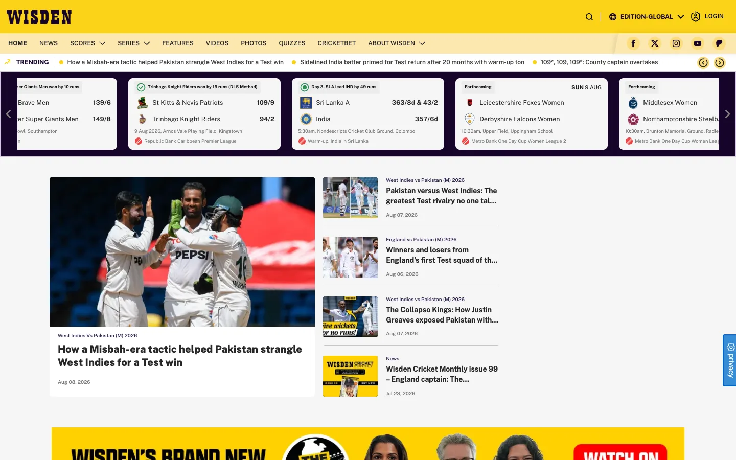 Screenshot of the Wisden homepage