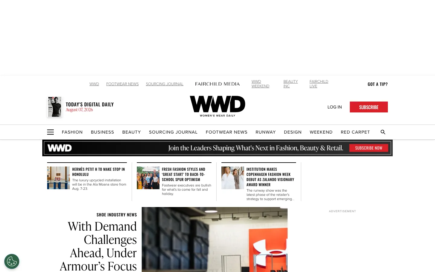 Screenshot of the WWD (Women's Wear Daily) homepage