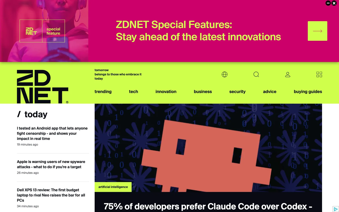 Screenshot of the ZDNET homepage