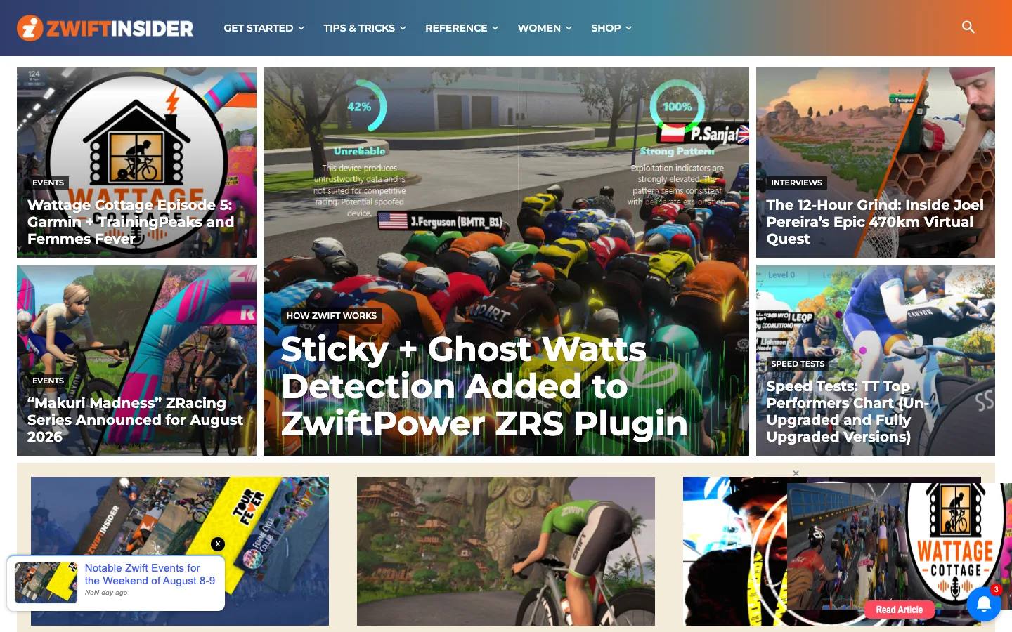 Screenshot of the Zwift Insider homepage